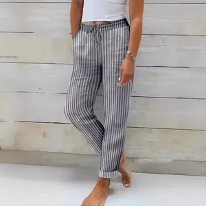 Γυναικείο casual ριγέ βαμβακερό λινό παντελόνι με κορδόνι στη μέση.