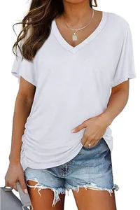 Detail of white V-neck short sleeve T-shirt with stylish side ruched design