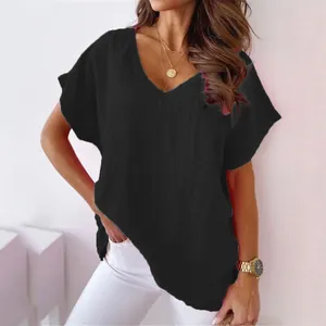 Detailed view of women's casual black V-neck T-shirt with batwing short sleeves