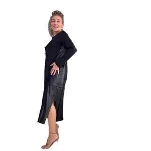Women's plus size black midi dress with leather patchwork panels and side slit