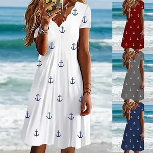 Damen Sommerkleid mit gewelltem V-Ausschnitt und nautischem Ankermuster in verschiedenen Farben