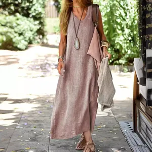 Abito lungo estivo casual in cotone e lino senza maniche con scollo a V per donne