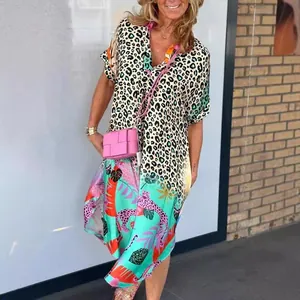 Women V Neck Leopard Tropical Print Patchwork Maxi Dress Bohemian Short Sleeve Loose Casual Summer Beach Vacation Dress