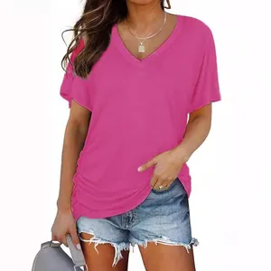 Stylish women's v-neck short sleeve t-shirt in vibrant pink for casual summer outfits