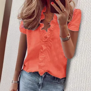 Élégante blouse d'été pour femmes à manches courtes et volants en orange corail uni