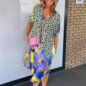 Summer women's loose V-neck dress with vibrant leopard and floral prints