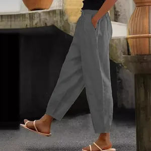 Casual grey linen cotton pants for women featuring an elastic waist and side pockets