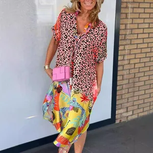 Stylish summer loose leopard and jungle print midi dress with semi-open collar design.