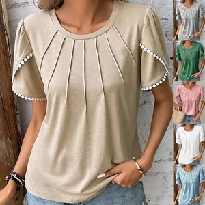 Pleated crew neck short sleeve T-shirt with decorative lace trim in multiple colors