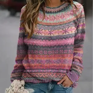 Jersey de cuello redondo colorido con estampado 3D para mujer con mangas largas casual