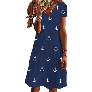 Abito estivo blu navy a maniche corte con stampa ad ancora e scollo a V smerlato