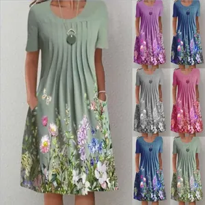 Elegant summer floral print mid-length dress for women with pockets in five colors