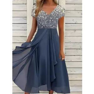 Elegant women's V-neck chiffon patchwork dress with glittery bodice for summer