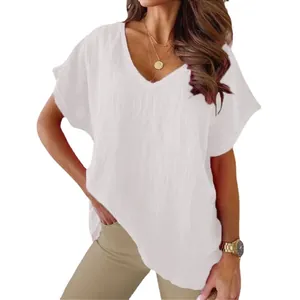 Casual white V-neck cotton linen T-shirt with loose batwing sleeves for women