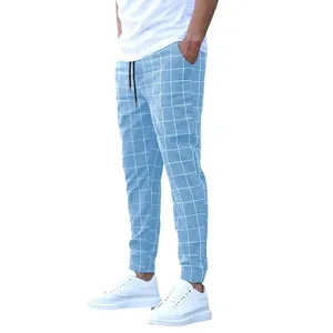 Men's light blue grid casual trousers with adjustable drawstring waist style