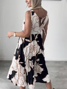 Elegant back view of a summer sleeveless floral print midi dress with tie-back detail