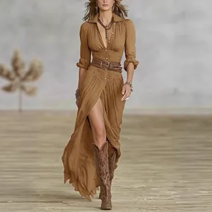 Elegante vestido largo vintage francés con cuello en V, pliegues y abertura lateral alta