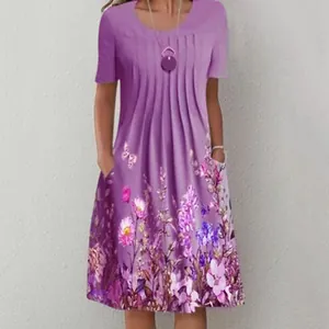 Macro detail showing the floral print and side pocket on this purple round neck dress.