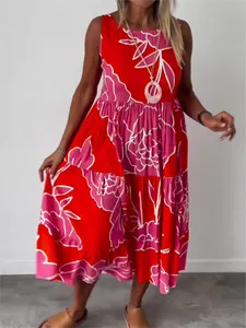 Vibrant red and pink floral printed sleeveless tiered midi dress for summer boho fashion