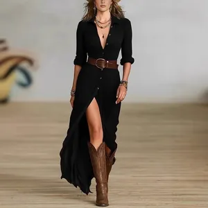 Vestido largo negro vintage francés con cinturón y abertura alta