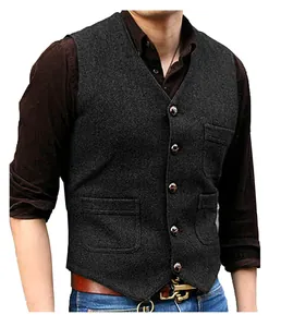 Detail of men's V-neck waistcoat in grey tweed, featuring five buttons and three pockets.