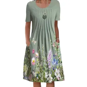 Casual sage green midi dress with floral print and functional side pockets for women
