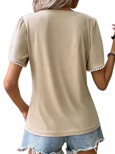 Back view detail of casual beige T-shirt featuring delicate lace trim on short sleeves