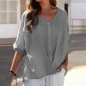 Detailed view of a women's grey V-neck linen-cotton blend loose fit casual summer blouse