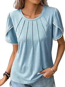 Light blue pleated short sleeve women's top featuring delicate pom-pom lace petal sleeves.