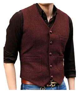 Front view of a men's burgundy V-neck wedding vest with five buttons and pockets