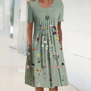 Close-up of a sage green midi dress featuring a vibrant floral print and pockets
