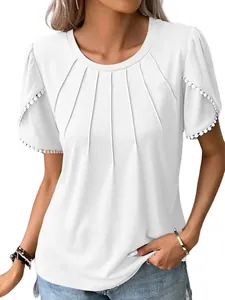 Elegant white short sleeve blouse with pleated neckline and delicate pom-pom lace trim.