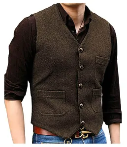 Detailed view of the textured brown herringbone fabric on a men's slim fit V-neck vest