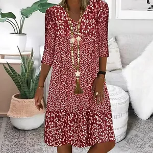 Elegant red floral print women's midi dress with V-neck and 3/4 sleeves for summer