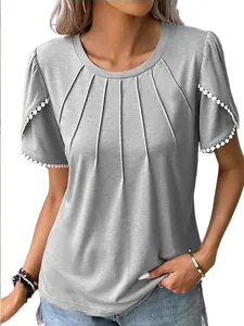 Close-up detail showing the pleated neckline and pom-pom lace on the petal sleeves of the grey t-shirt
