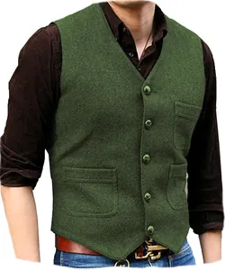 Close-up of men's elegant green V-neck tweed waistcoat showing high-quality fabric texture