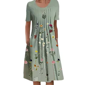 Detail view of floral print round neck midi dress with convenient side pockets