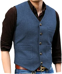 Front view of a men's navy blue V-neck waistcoat for wedding or formal wear