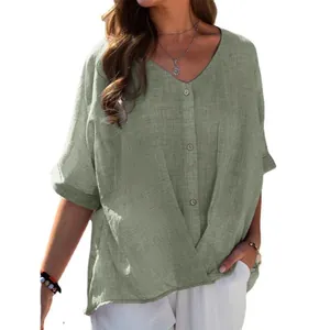 Casual loose-fit cotton linen V-neck short sleeve blouse for women in olive sage green color