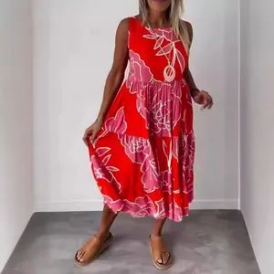 Vibrant red floral print sleeveless tiered summer midi dress with round neckline