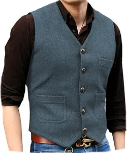 Close-up detail of a classic blue V-neck men's tweed vest for formal wedding wear.