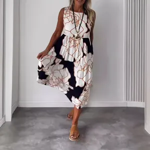 Elegant sleeveless floral print midi dress with tiered skirt for summer women's fashion