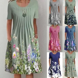 Polyester Floral Butterfly Print Midi Dress With Pockets Elegant Round Neck Short Sleeve Gathered Pullover Summer Sundress For Women