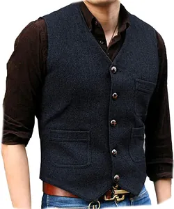 Detail of dark blue men's V-neck wool blend waistcoat with five buttons and pockets