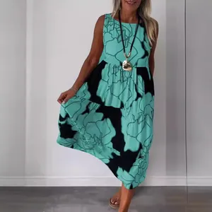 Fashionable mint green and black floral print sleeveless midi summer dress for women