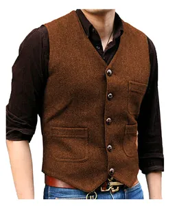 Vintage brown herringbone waistcoat for men with V-neck and five-button closure.