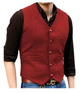 Detailed view of red tweed men's V-neck waistcoat with buttons and patch pockets
