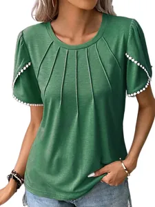Women's green round neck pleated short sleeve T-shirt with stylish white pom-pom trim