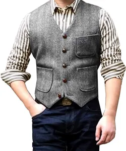 Close-up of men's grey herringbone V-neck vest with three pockets and buttons