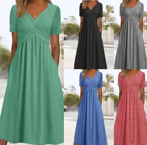 Color selection view of casual V-neck short sleeve midi dress with side pockets for women.